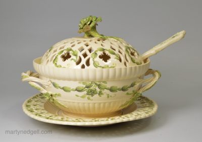 Pierced creamware pottery sauced tureen, ladle and stand, circa 1770