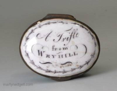 Bilston enamel patch box, 'A Trifle from WEYHILL', circa 1780