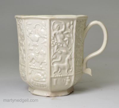 Staffordshire white saltglaze coffee cup moulded, circa 1760