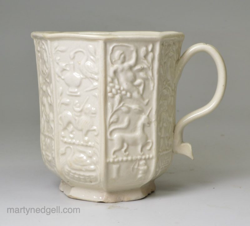 Staffordshire white saltglaze coffee cup moulded, circa 1760