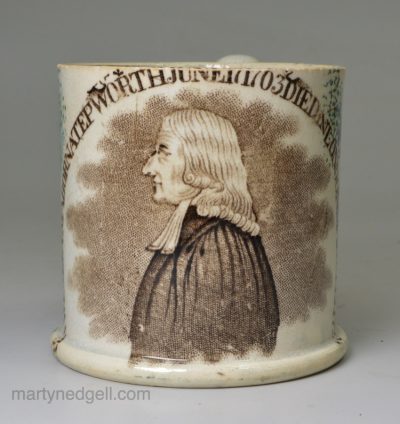 Commemorative pottery mug decorated with a print of Wesley and pea hens, circa 1839