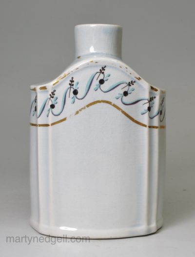 Pearlware pottery tea canister, circa 1790 marked Leeds Pottery