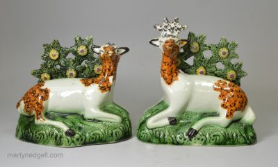 Pair of Yorkshire type prattware pottery deer, circa 1800