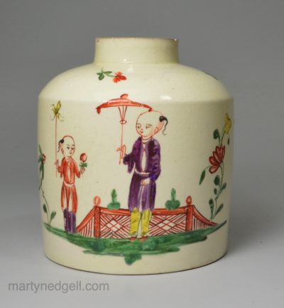 Creamware pottery tea canister decorated in enamels over the glaze, circa 1770
