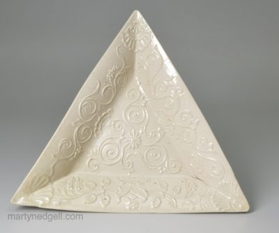 Staffordshire white saltglaze stoneware triangular dish, circa 1750