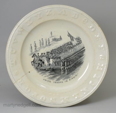 Pearlware pottery child's alphabet plate 'UNION TROOPS IN VIRGINIA', circa 1870