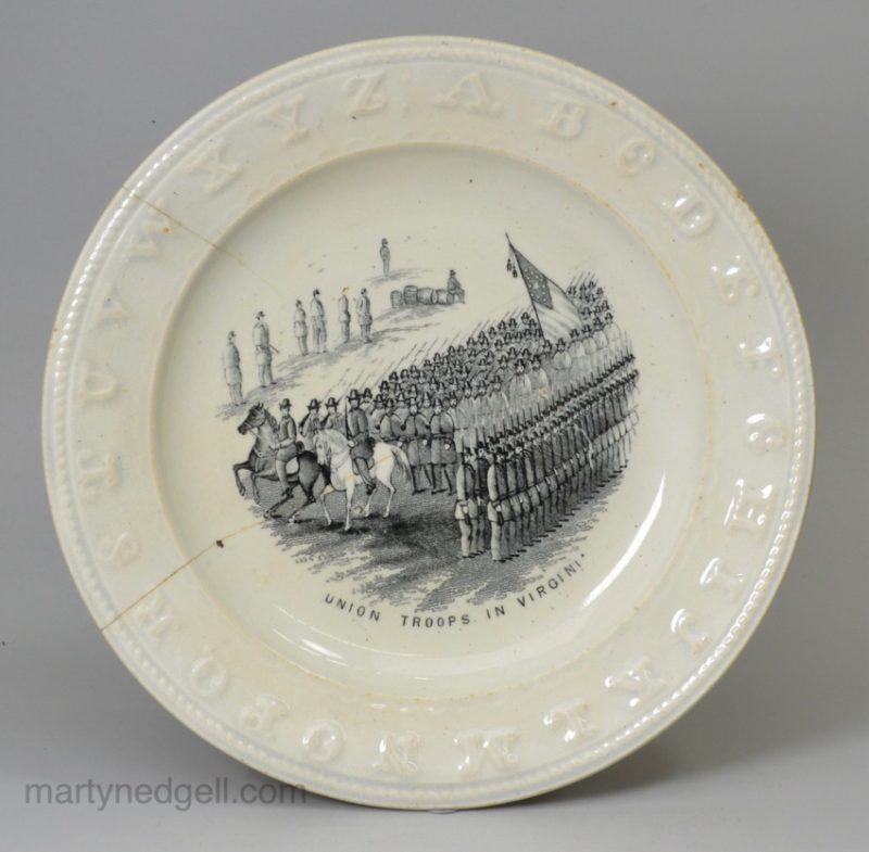Pearlware pottery child's alphabet plate 'UNION TROOPS IN VIRGINIA', circa 1870