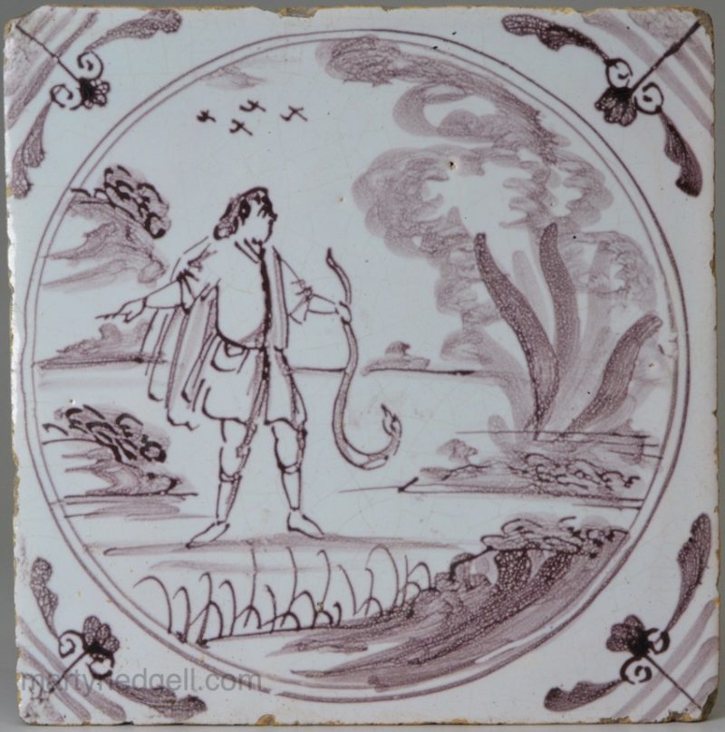 London delft biblical tile, Moses and the burning bush, circa 1740