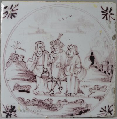 Bristol delft biblical tile Lot and his Daughters with his wife and Sodom in the background, circa 1750