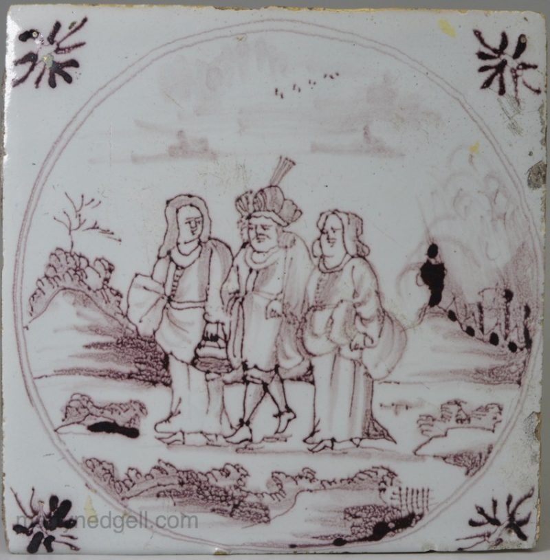 Bristol delft biblical tile Lot and his Daughters with his wife and Sodom in the background, circa 1750