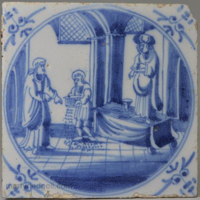 Dutch Delft biblical tile, Daniel summons his servants who cast ashes, circa 1750