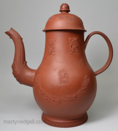 Red Staffordshire stoneware pottery coffee pot decorated with applied sprigs, circa 1760