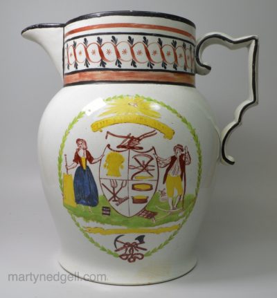 Large pearlware pottery jug printed with the farmers arms, circa 1820