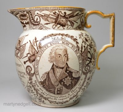 Commemorative pearlware pottery jug decorated with brown Nelson prints under the glaze, circa 1805