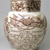 Commemorative pearlware pottery jug decorated with brown Nelson prints under the glaze, circa 1805