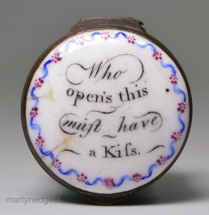Bilston enamel box 'Who open's this oft have a Kifs', circa 1770