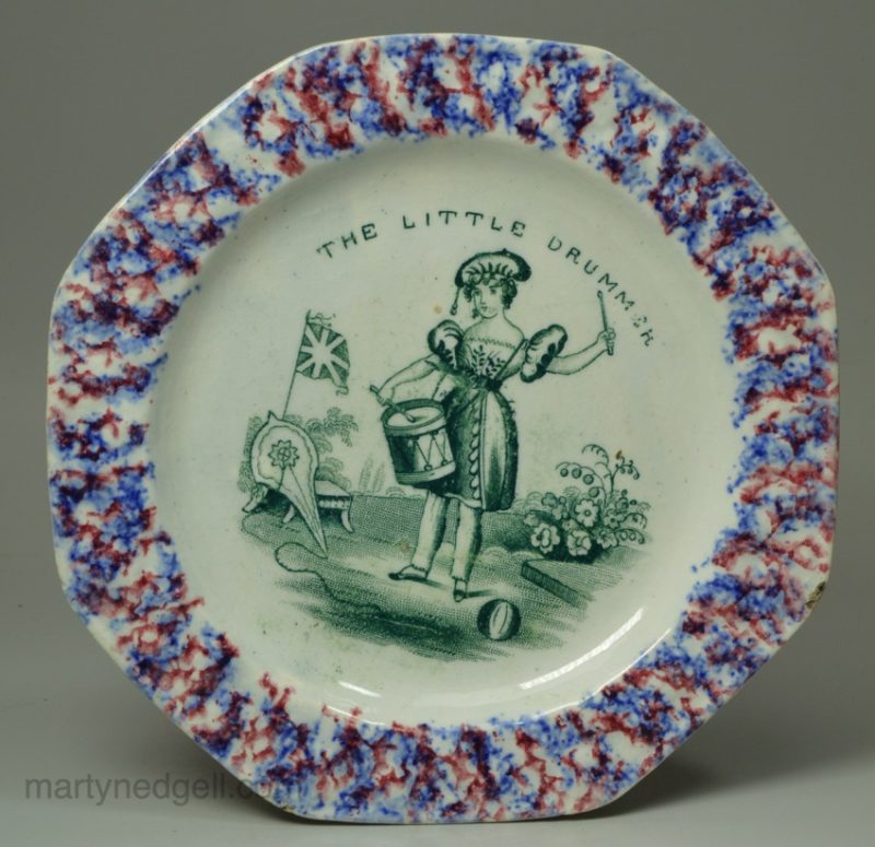 Pearlware pottery child's plate with a sponged border 'THE LITTLE DRUMMER', circa 1840