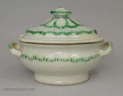 Pearlware pottery sauce tureen with green shell edge, circa 1800