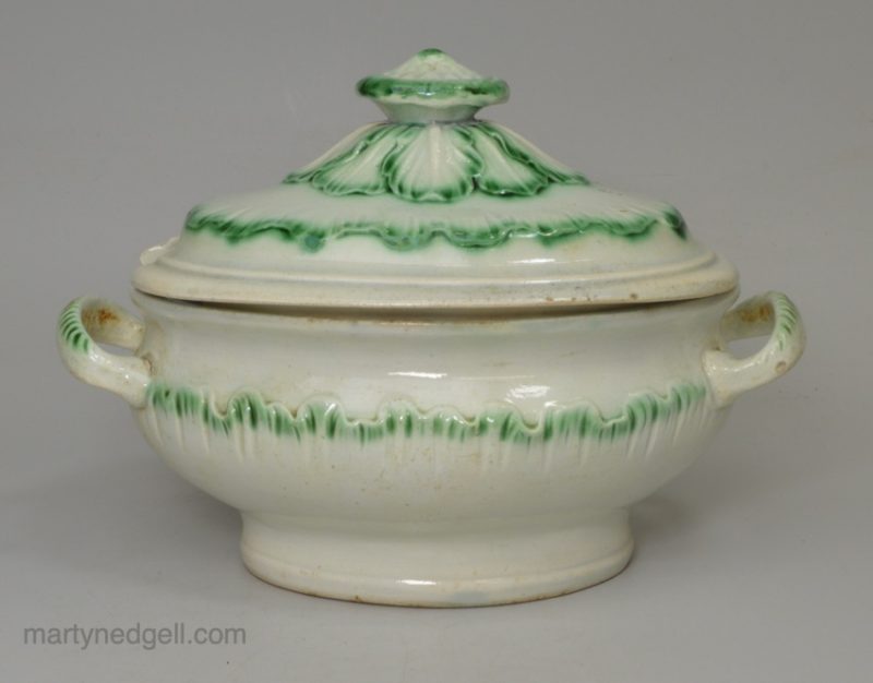 Pearlware pottery sauce tureen with green shell edge, circa 1800