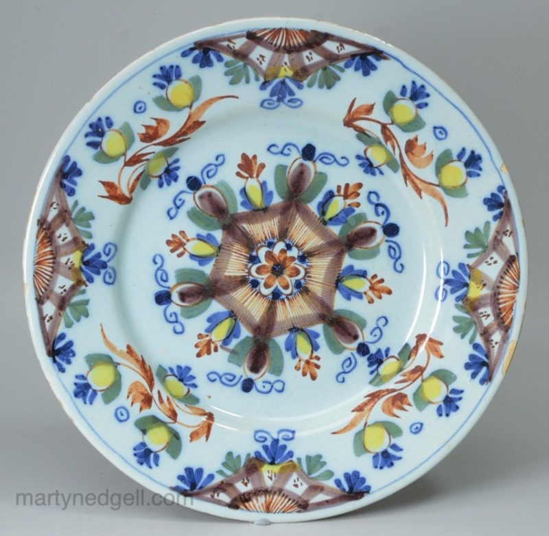 London polychrome delft Anne Gomm style plate, circa 1750