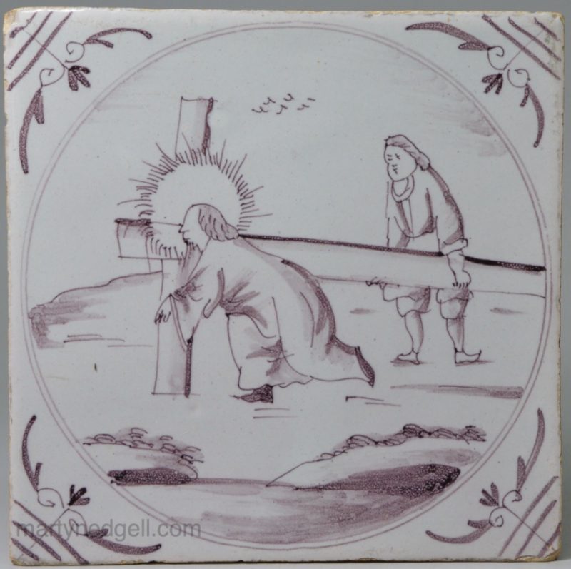London delft biblical tile, Christ carrying the cross, circa 1760