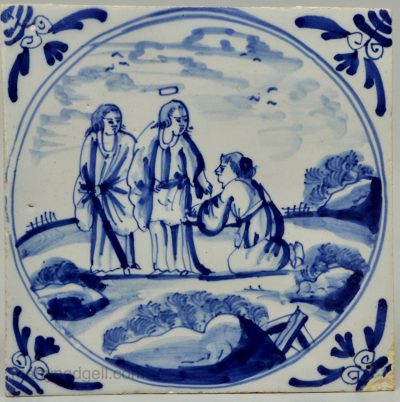 London delft biblical tile, Christ heals a woman with an issue of blood, circa 1750