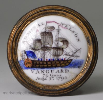 Commemorative Bilston enamel cloak pin 'ADMIRAL NELSON and the ship VANGARD', dated August 17th 1798