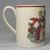 Creamware pottery mug decorated with a coloured print, dated 1770