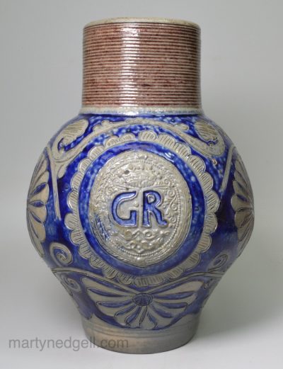 Westerwald saltglaze stoneware pottery 'GR' jug, circa 1720