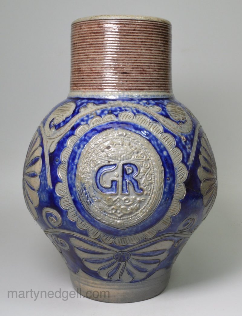 Westerwald saltglaze stoneware pottery 'GR' jug, circa 1720