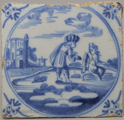 Dutch Delft biblical tile of King David covets Bathsheba, circa 1740