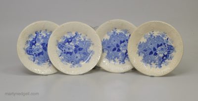 Set of 4 pearlware pottery cup plates printed in blue under the glaze, circa 1840