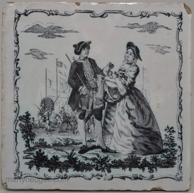Liverpool delft tile decorated with a Sadler print of the Sailor's Return, circa 1765