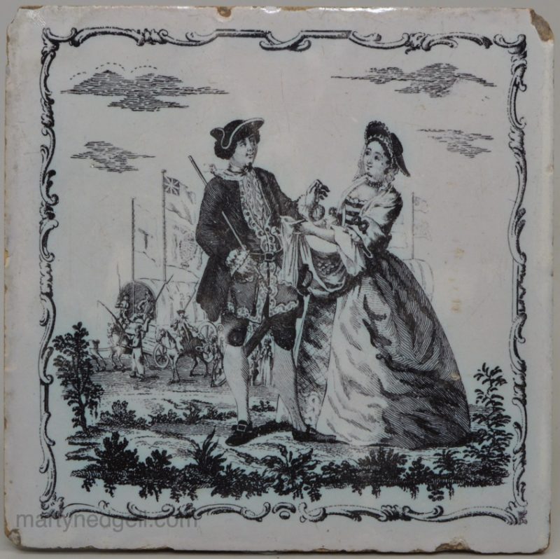 Liverpool delft tile decorated with a Sadler print of the Sailor's Return, circa 1765