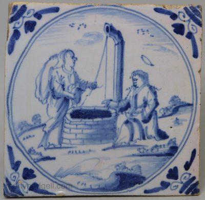 London Delft biblical tile, Jesus and the woman of Samaria, circa 1750