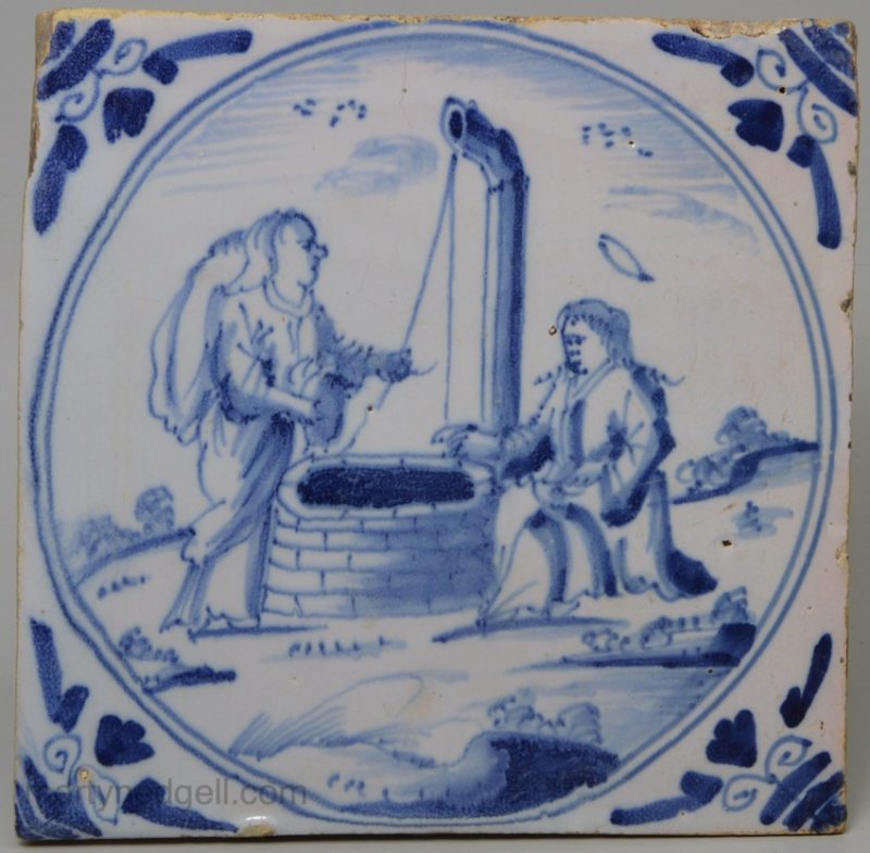 London Delft biblical tile, Jesus and the woman of Samaria, circa 1750