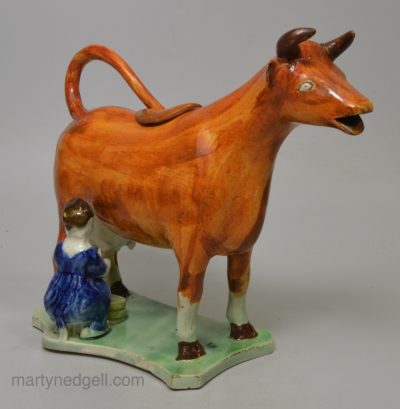 Prattware pottery cow creamer, circa 1820