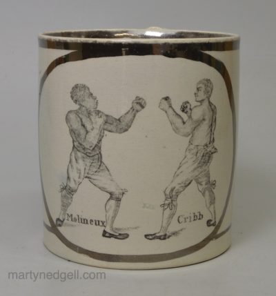 Pearlware pottery mug with the images of the boxers Molineux and Cribb, circa 1815