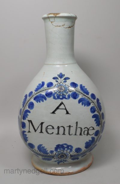 French tin glaze apothecary bottle, 'A Menthæ', circa 1720 possibly Nevers