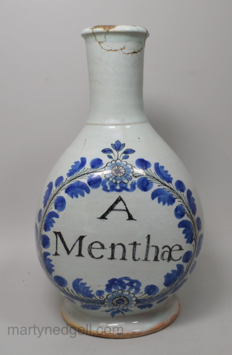 French tin glaze apothecary bottle, 'A Menthæ', circa 1720 possibly Nevers
