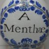 French tin glaze apothecary bottle, 'A Menthæ', circa 1720 possibly Nevers