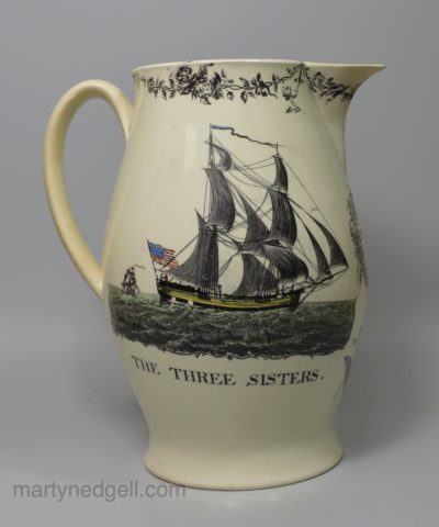 Liverpool creamware pottery jug printed with the American ship 'THE THREE SISTERS', circa 1796