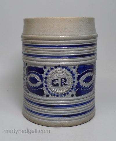 Westerwald saltglaze stoneware 'GR' mug, circa 1720