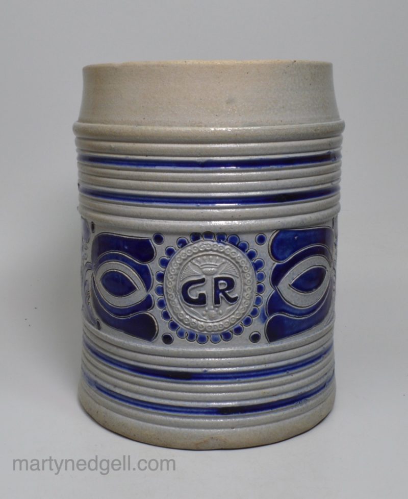 Westerwald saltglaze stoneware 'GR' mug, circa 1720