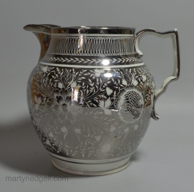 Pearlware pottery jug decorated with silver resist lustre, circa 1820