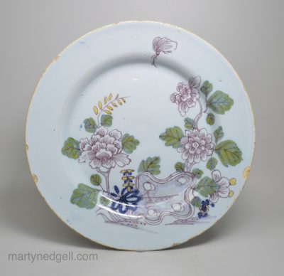 London delft polychrome plate, circa 1750