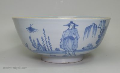 Liverpool delft bowl painted in blue with a Chinese figure, circa 1750