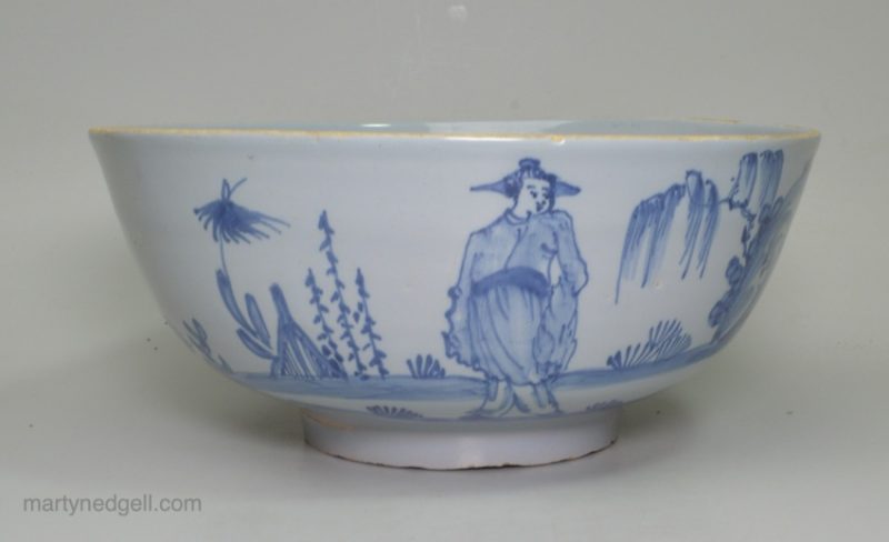 Liverpool delft bowl painted in blue with a Chinese figure, circa 1750