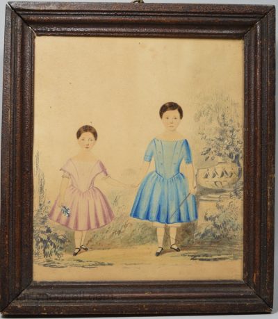 Naive watercolour of a brother and sister, circa 1840
