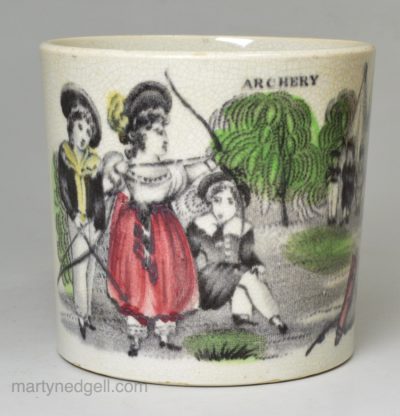 Pearlware pottery child's mug 'ARCHERY', circa 1830